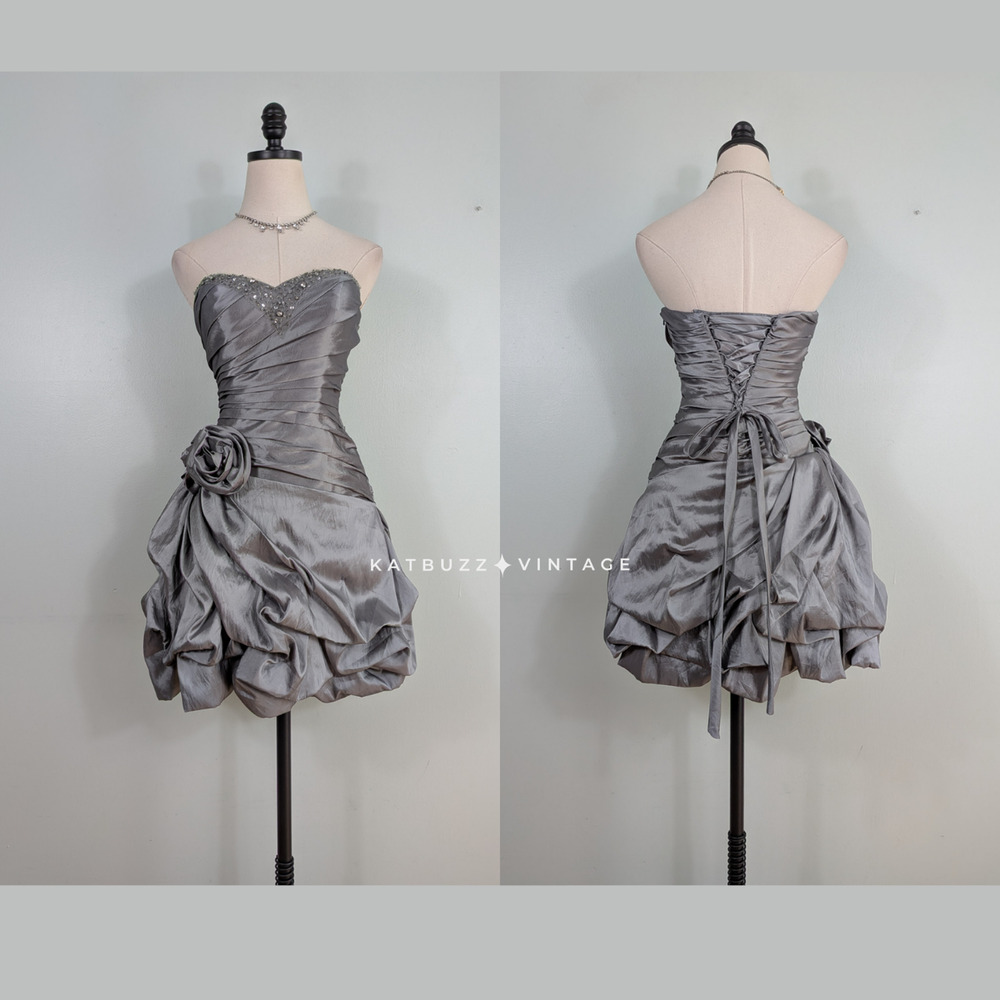 Y2K Prom Dress Mini Gown XS Gray Corset Hoco Strapless Bubble Glam Princess